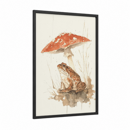Toad & Mushroom framed frogs and toads print — black wood frame — russet and cream palette