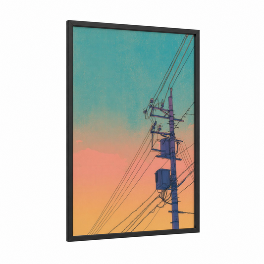 Sunset Power Lines framed art print — black wood frame — teal and peach palette