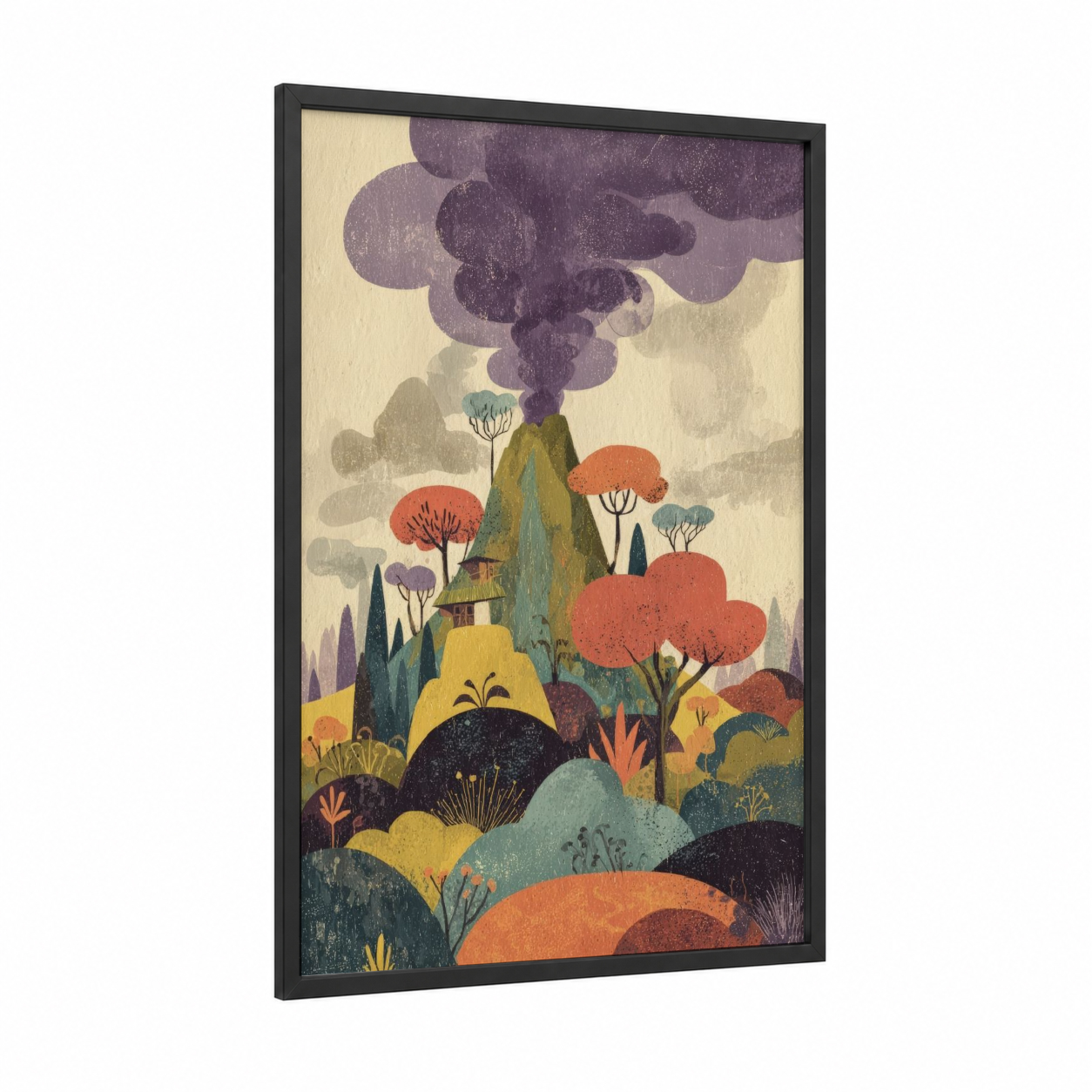 Whimsical Volcano framed art print — black wood frame — russet and olive palette