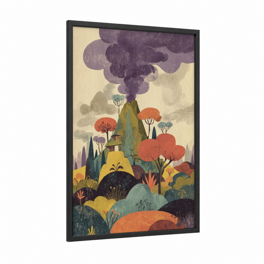 Whimsical Volcano framed art print — black wood frame — russet and olive palette