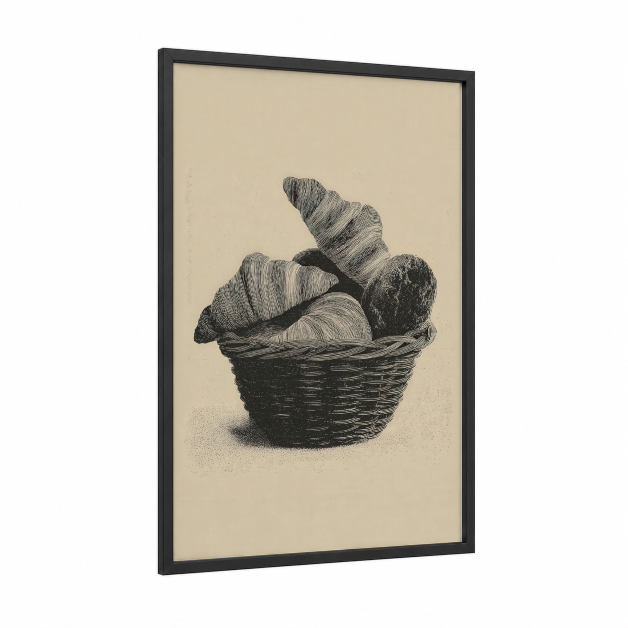 Croissant Basket framed baking print — black wood frame — black and white and cream palette