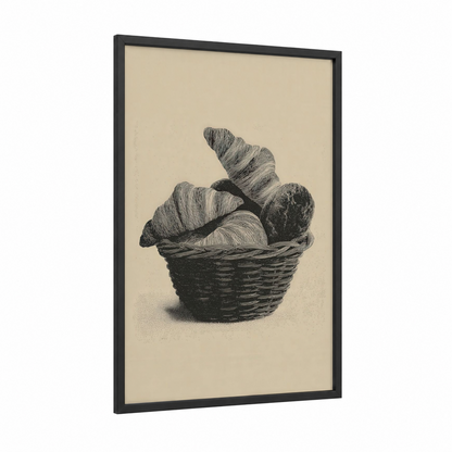 Croissant Basket framed baking print — black wood frame — black and white and cream palette