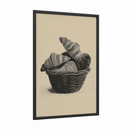 Croissant Basket framed baking print — black wood frame — black and white and cream palette