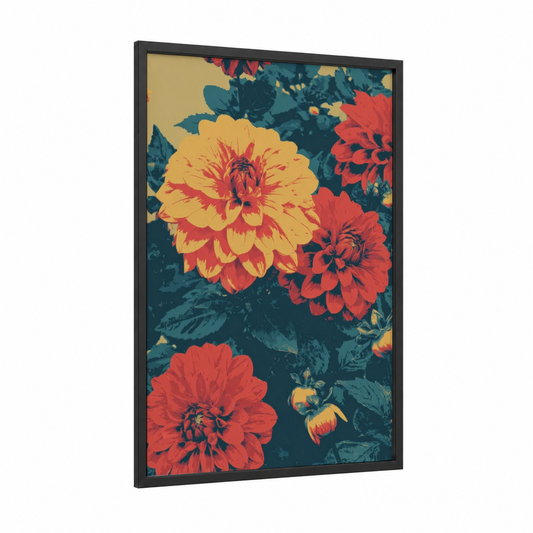 Vibrant Dahlia Garden framed art print — black wood frame — gold and red palette