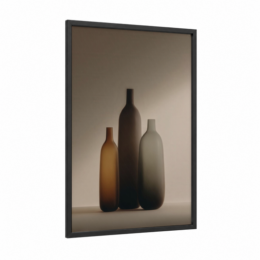 Minimalist Bottles framed glassworking print — black wood frame — beige and gray palette