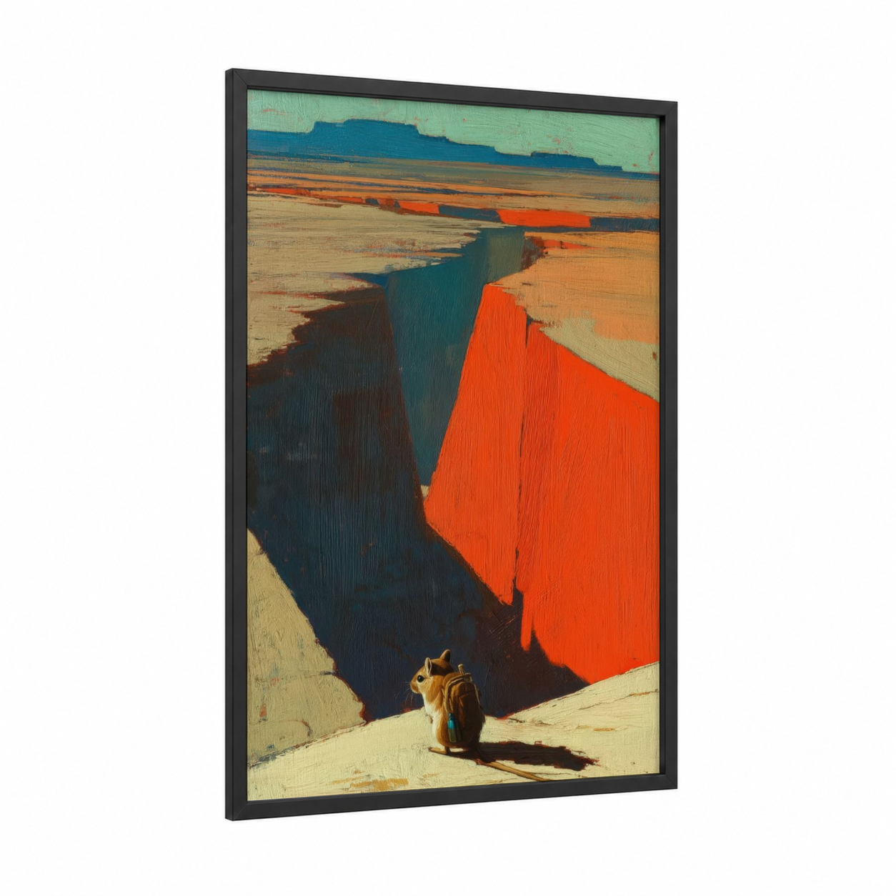 Desert Gerbil framed art print — black wood frame — orange and dark blue palette