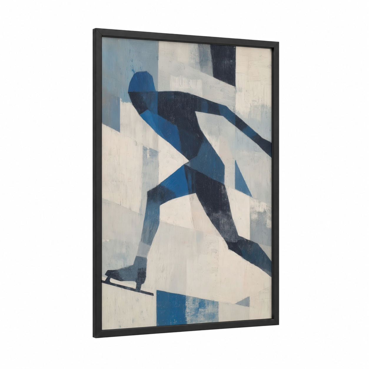Dynamic Skater framed ice skating print — black wood frame — blue and white and black and white palette