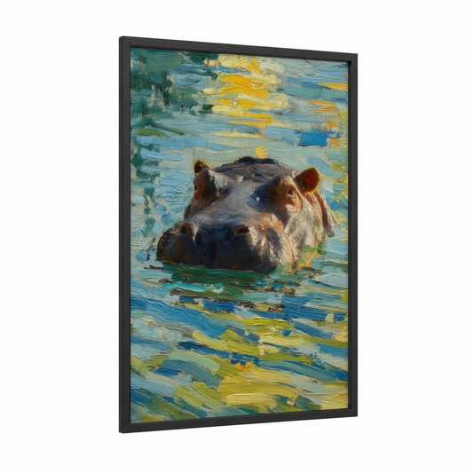 Sunrise Hippo framed art print — black wood frame — blue and gold and true green palette