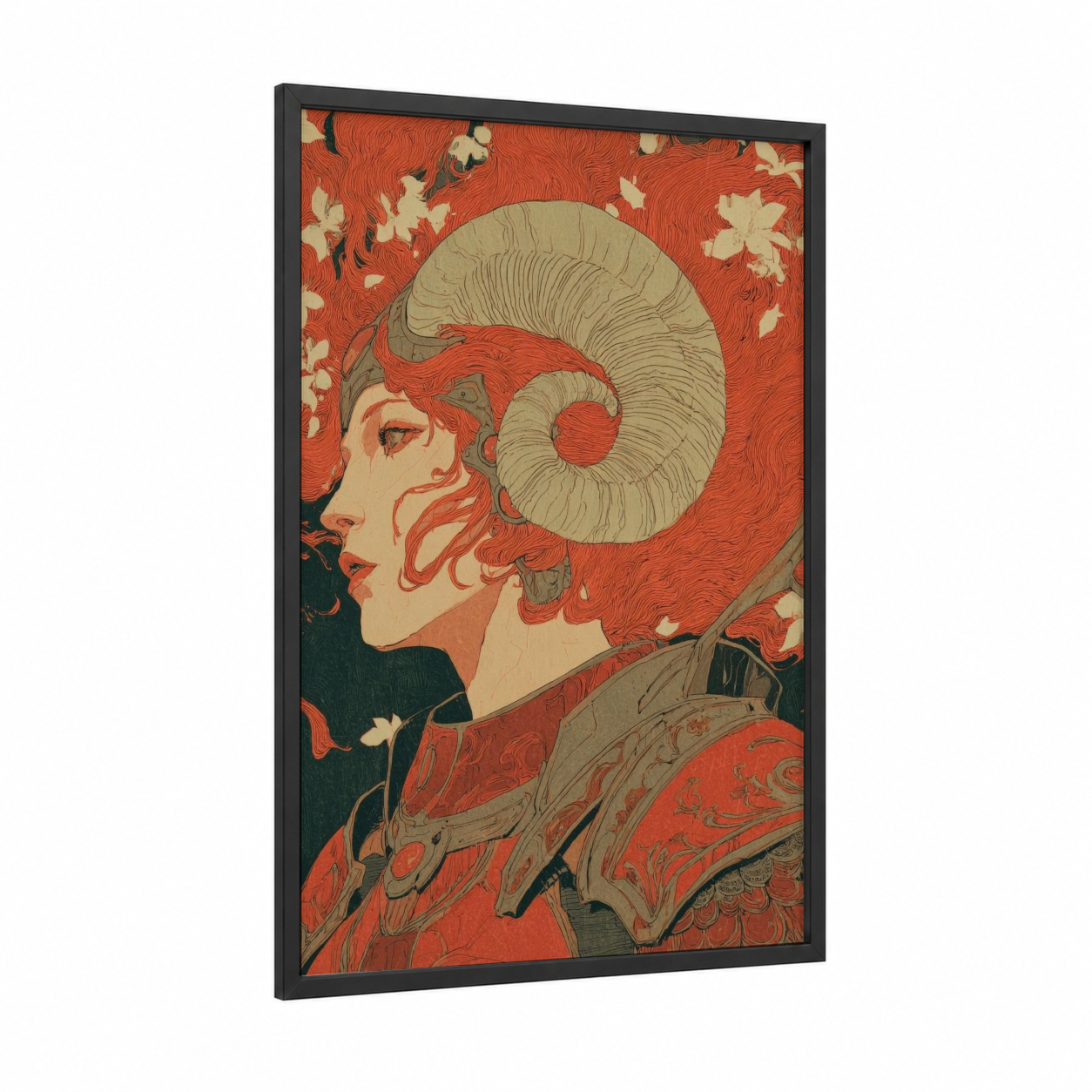 Crimson Aries framed art print — black wood frame — red and cream palette