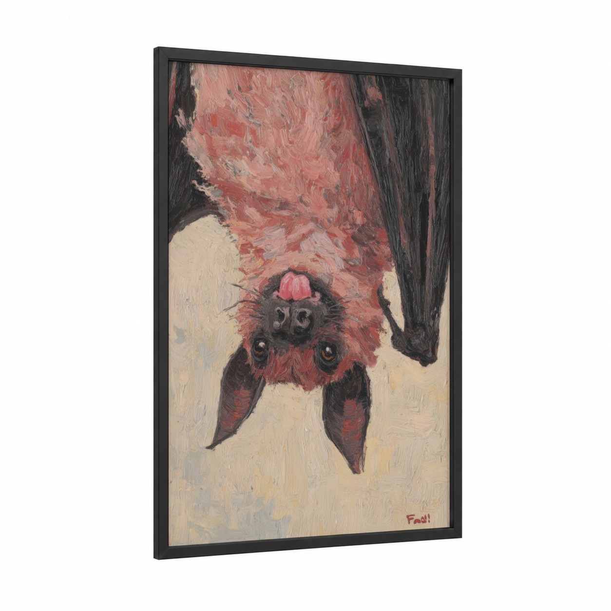 Upside Down Bat framed art print — black wood frame — maroon and cream palette