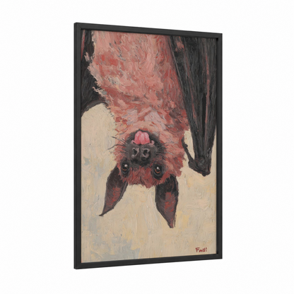 Upside Down Bat framed art print — black wood frame — maroon and cream palette