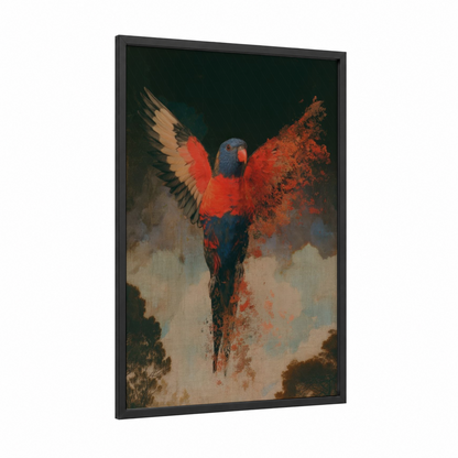 Crimson Lorikeet framed rainbow lorikeet print — black wood frame — red and blue palette