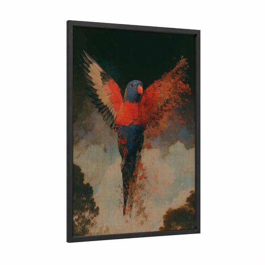 Crimson Lorikeet framed rainbow lorikeet print — black wood frame — red and blue palette