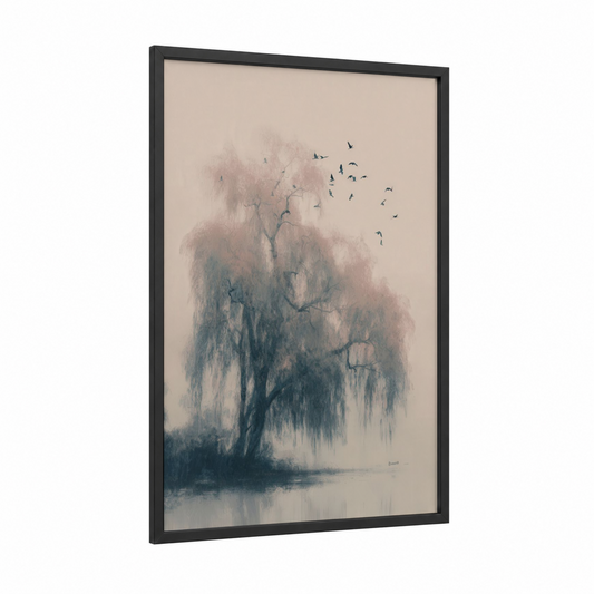 Misty Willow framed willow tree print — black wood frame — gray and dove gray palette