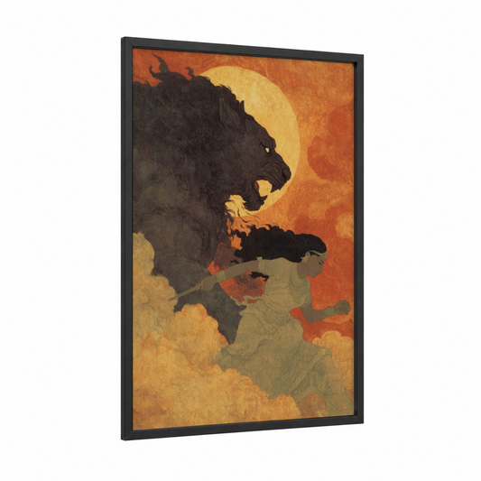 Divine Beast Guardian framed hindu holidays print — black wood frame — gold and black palette