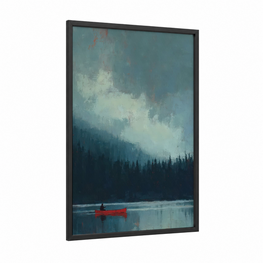 Solitary Red Canoe framed canoeing and kayaking print — black wood frame — teal and cream palette