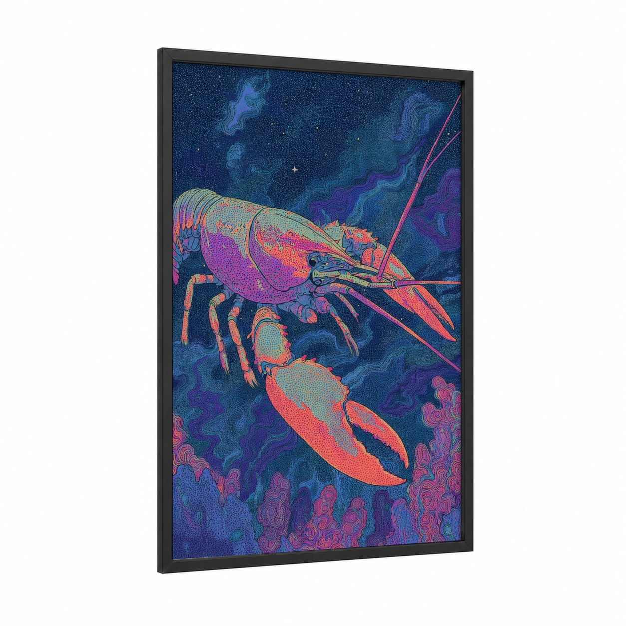 Neon Crayfish framed art print — black wood frame — blue and magenta palette