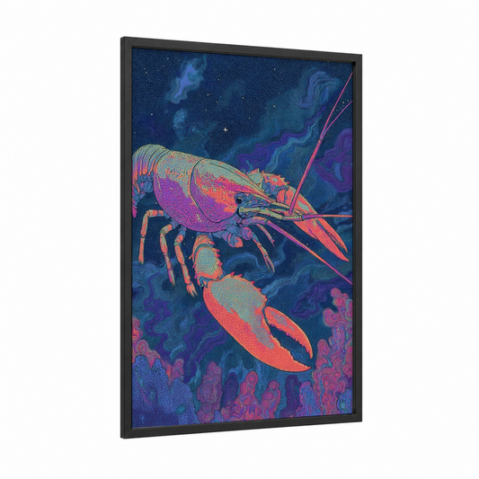 Neon Crayfish framed art print — black wood frame — blue and magenta palette