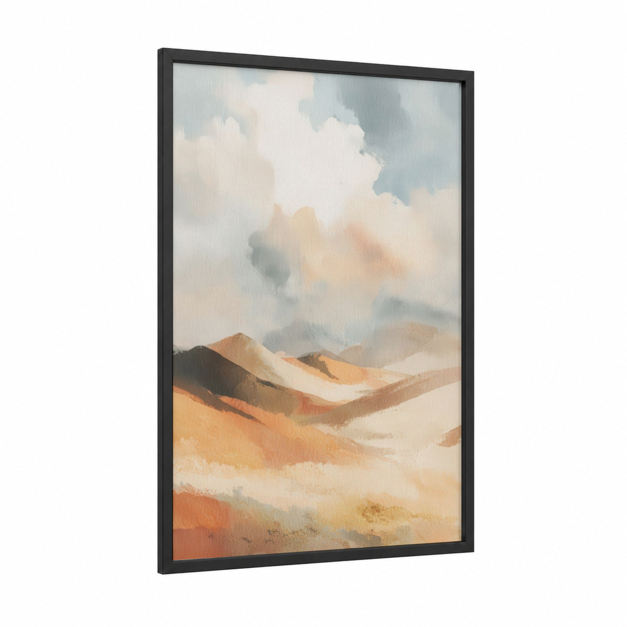 Golden Dune Landscape framed art print — black wood frame — peach and blue and gold palette