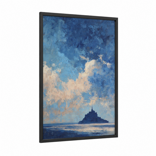 Heavenly Mont-Saint-Michel framed mont saint-michel print — black wood frame — blue and cream palette