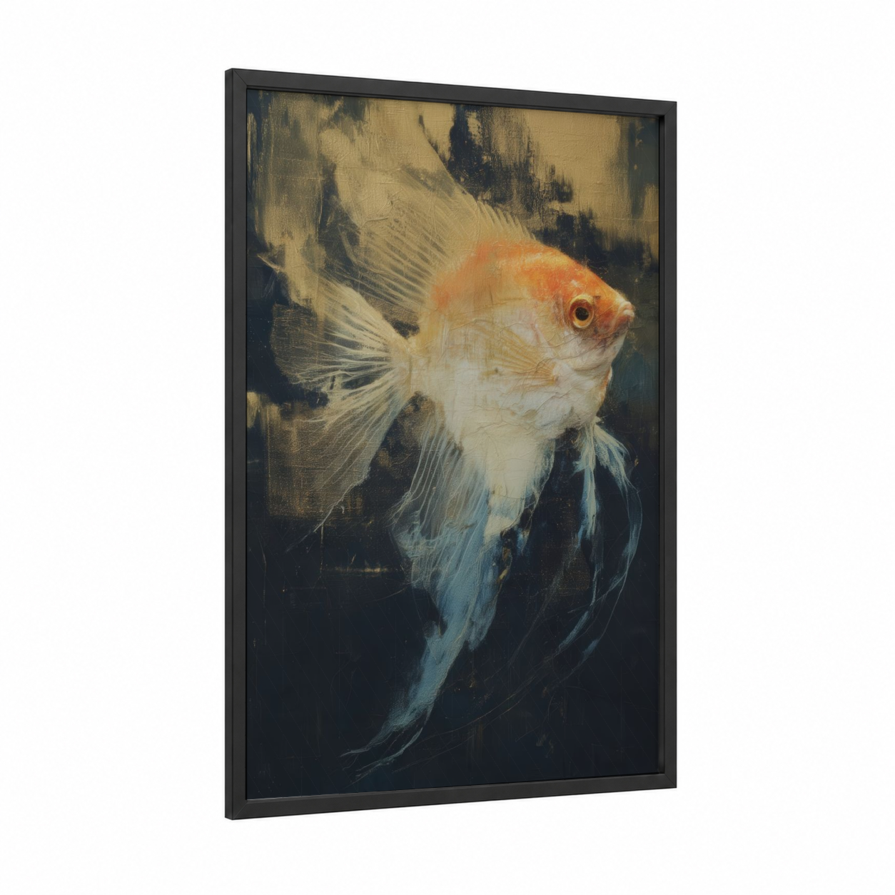 Crimson Angel Fish framed art print — black wood frame — gold and white palette