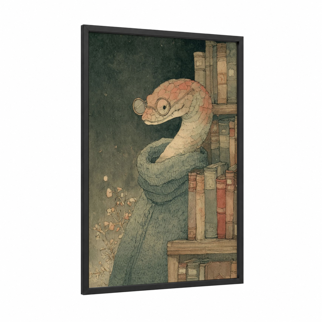 Scholarly Serpent framed boa constrictor print — black wood frame — sage green and peach palette