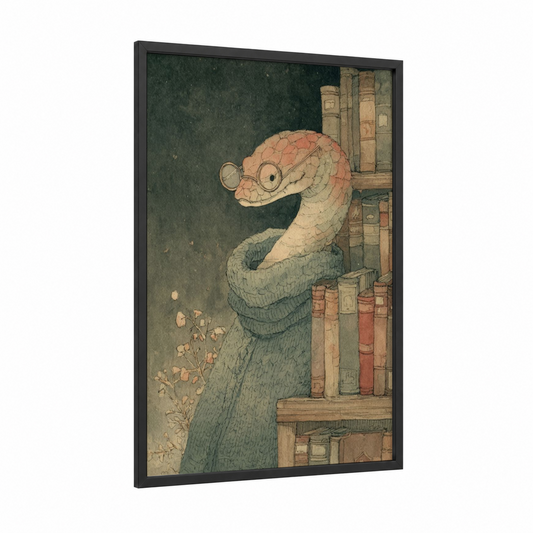 Scholarly Serpent framed boa constrictor print — black wood frame — sage green and peach palette