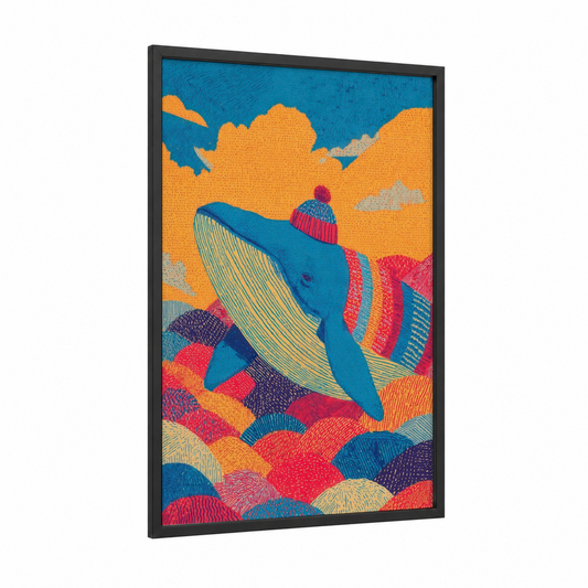 Cozy Whale Friend framed blue whale print — black wood frame — blue and orange palette