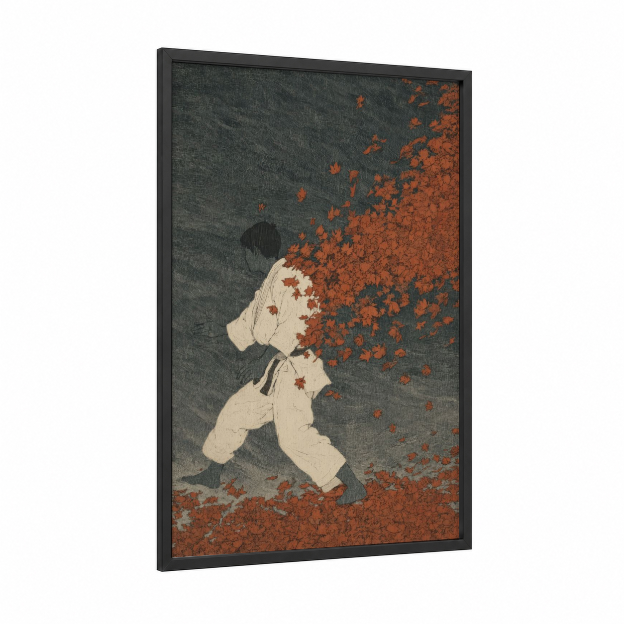 Autumn Karate Warrior framed art print — black wood frame — dark blue and russet palette