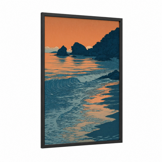 Coastal Sunset Rocks framed art print — black wood frame — orange and teal palette