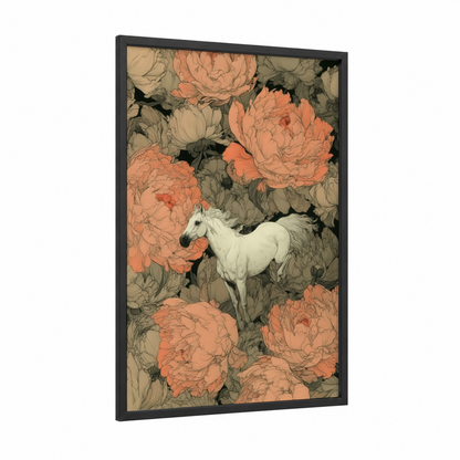Peony Andalusian framed andalusian horse print — black wood frame — peach and cream palette
