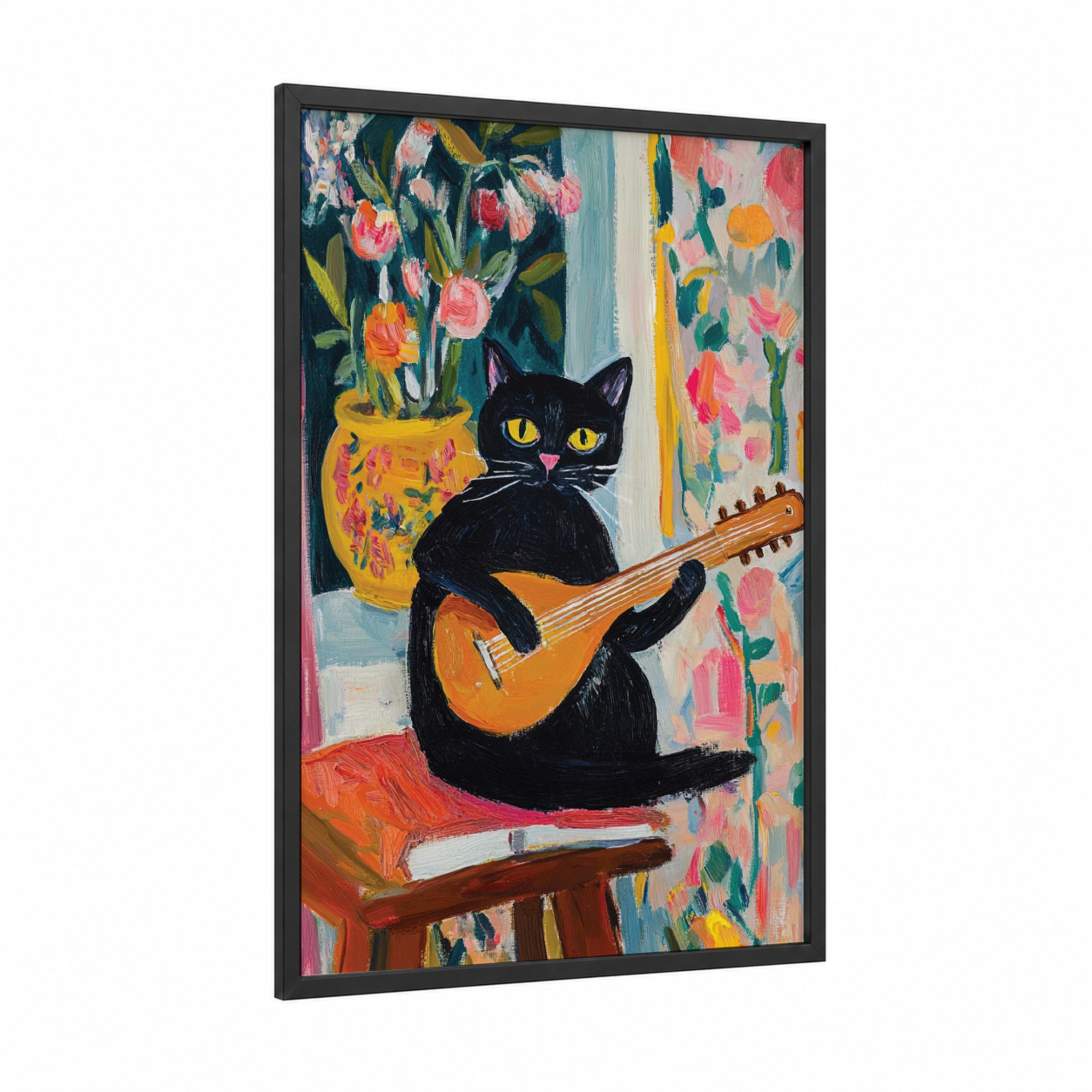 Musical Black Cat framed art print — black wood frame — gold and pink palette