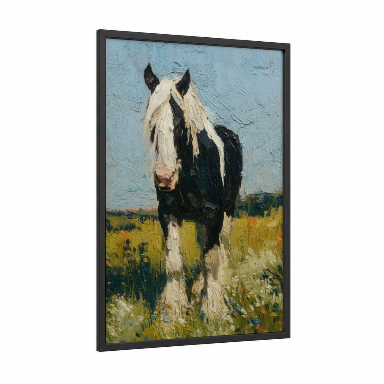 Pasture Clydesdale framed clydesdale horse print — black wood frame — blue and green palette