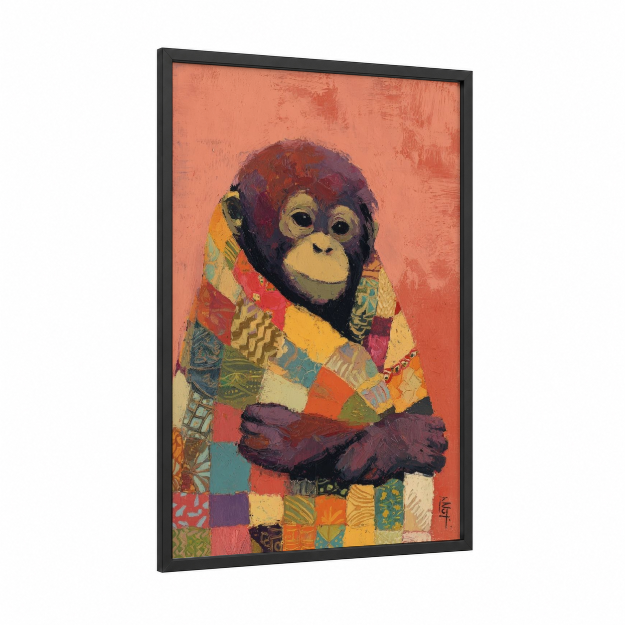 Patchwork Orangutan framed art print — black wood frame — peach and gold palette