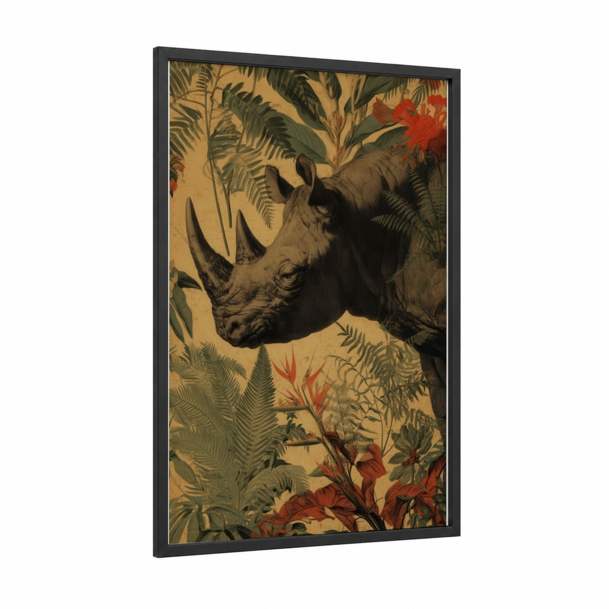 Tropical Rhino framed art print — black wood frame — gold and sage green palette