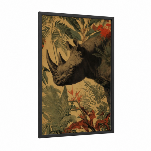 Tropical Rhino framed art print — black wood frame — gold and sage green palette
