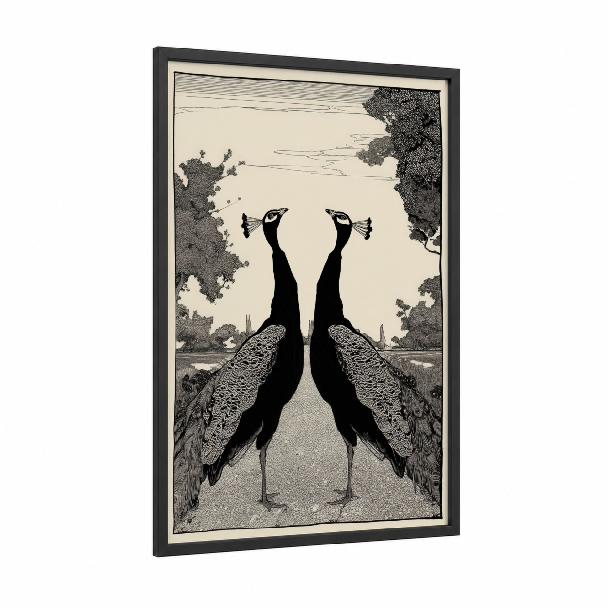 Mirrored Peacocks framed art print — black wood frame — black and white palette