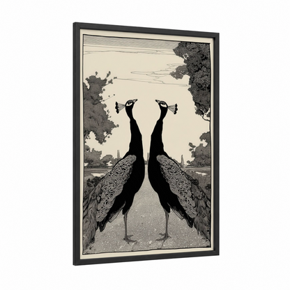 Mirrored Peacocks framed art print — black wood frame — black and white palette