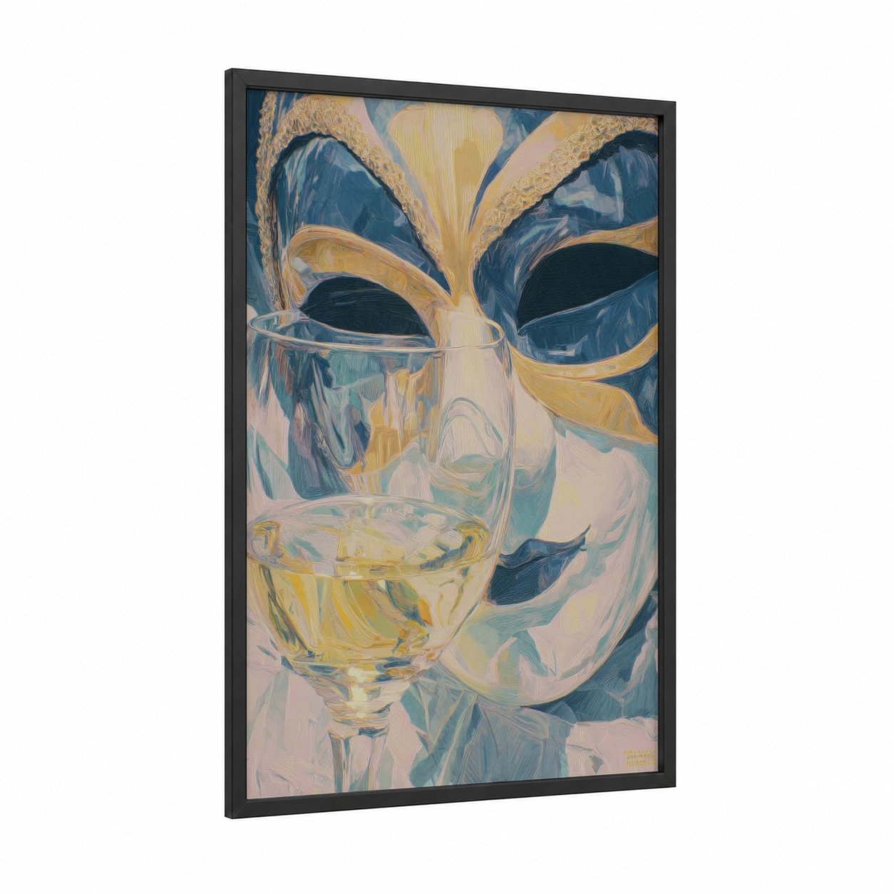Masquerade Celebration framed mardi gras print — black wood frame — gold and dark blue palette