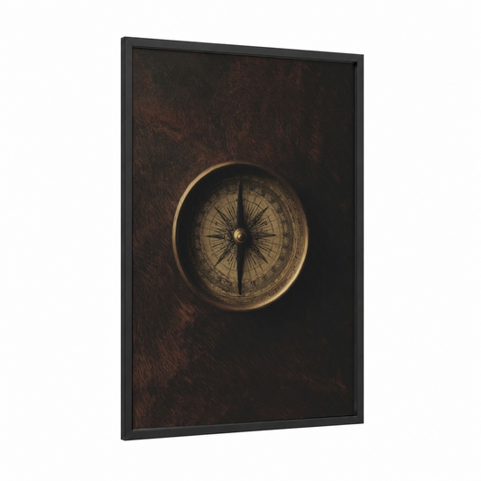Vintage Compass framed art print — black wood frame — brown and espresso palette