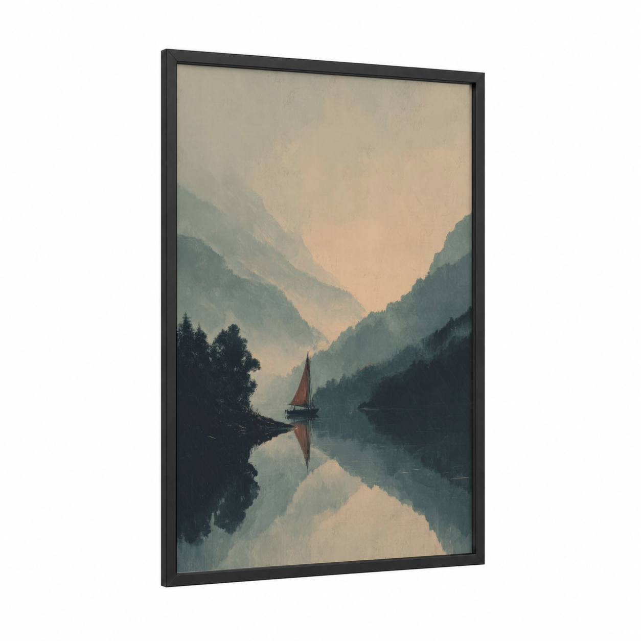 Mountain Sailing Reflection framed sailing ship print — black wood frame — dove gray and peach palette