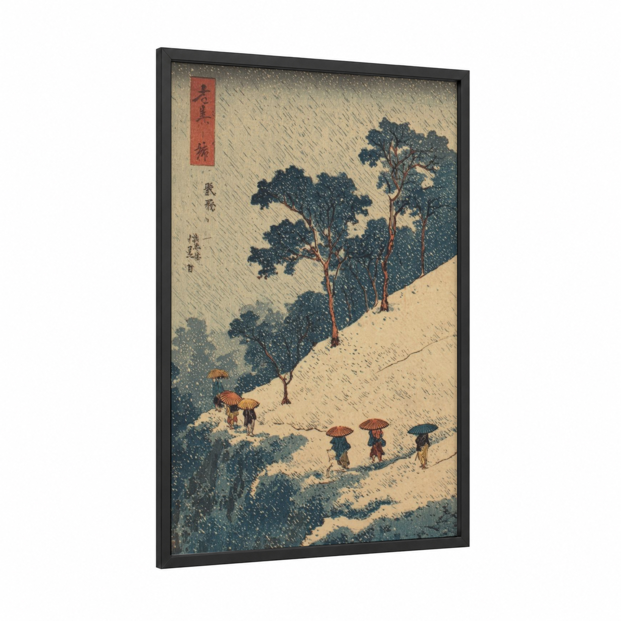 Snowy Mountain Rain framed snowy mountains print — black wood frame — dark blue and cream palette