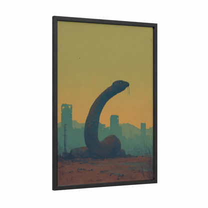 Urban Cobra framed art print — black wood frame — gold and teal palette