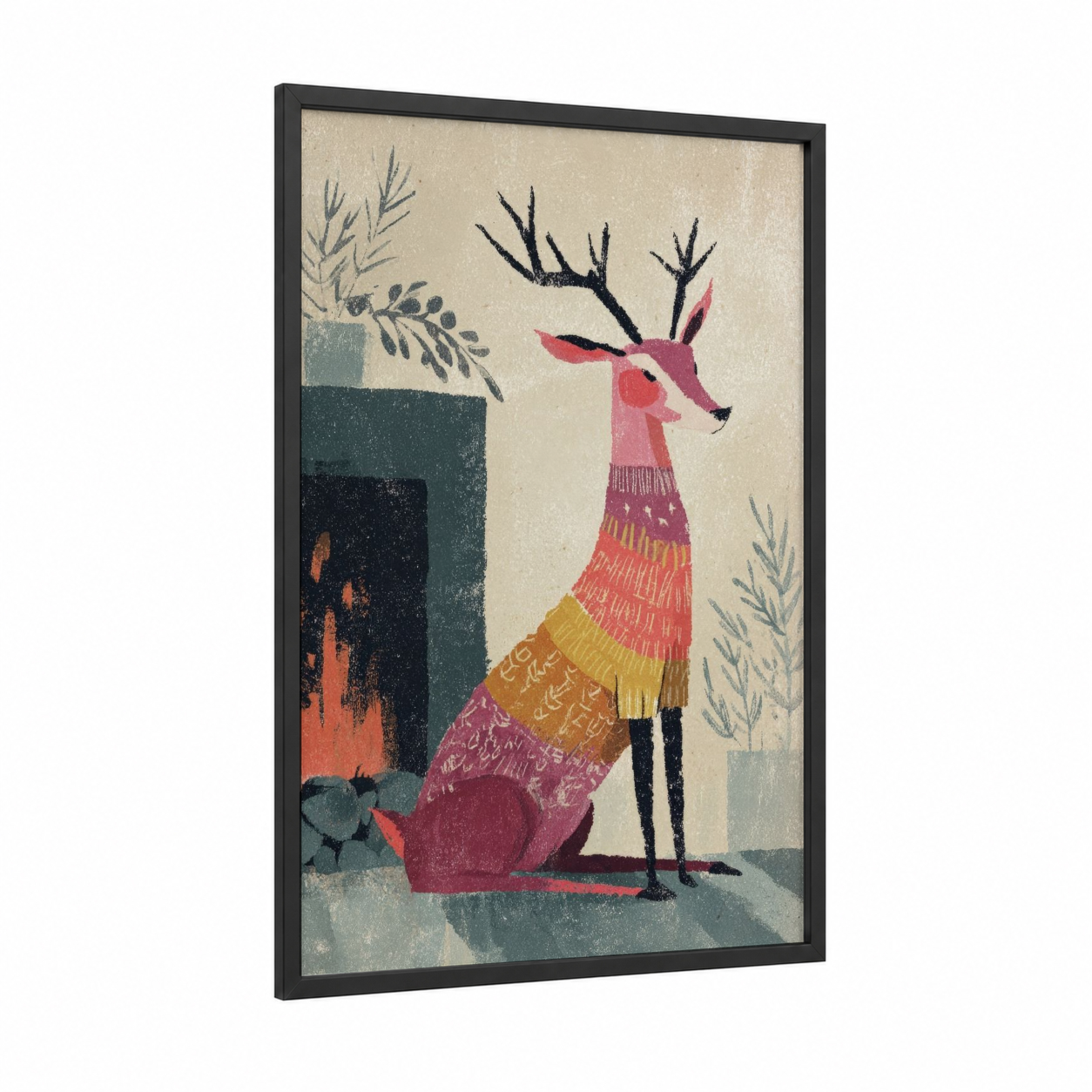 Festive Reindeer framed art print — black wood frame — cream and maroon palette