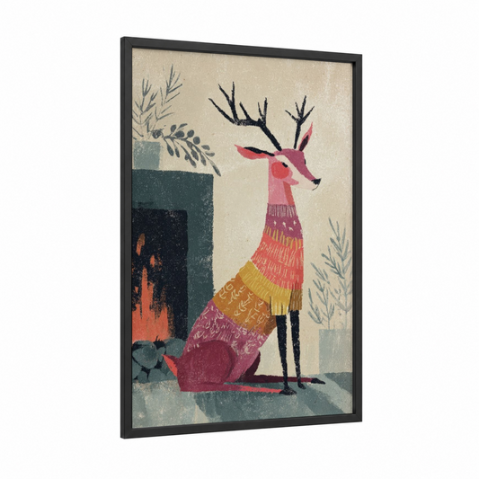 Festive Reindeer framed art print — black wood frame — cream and maroon palette