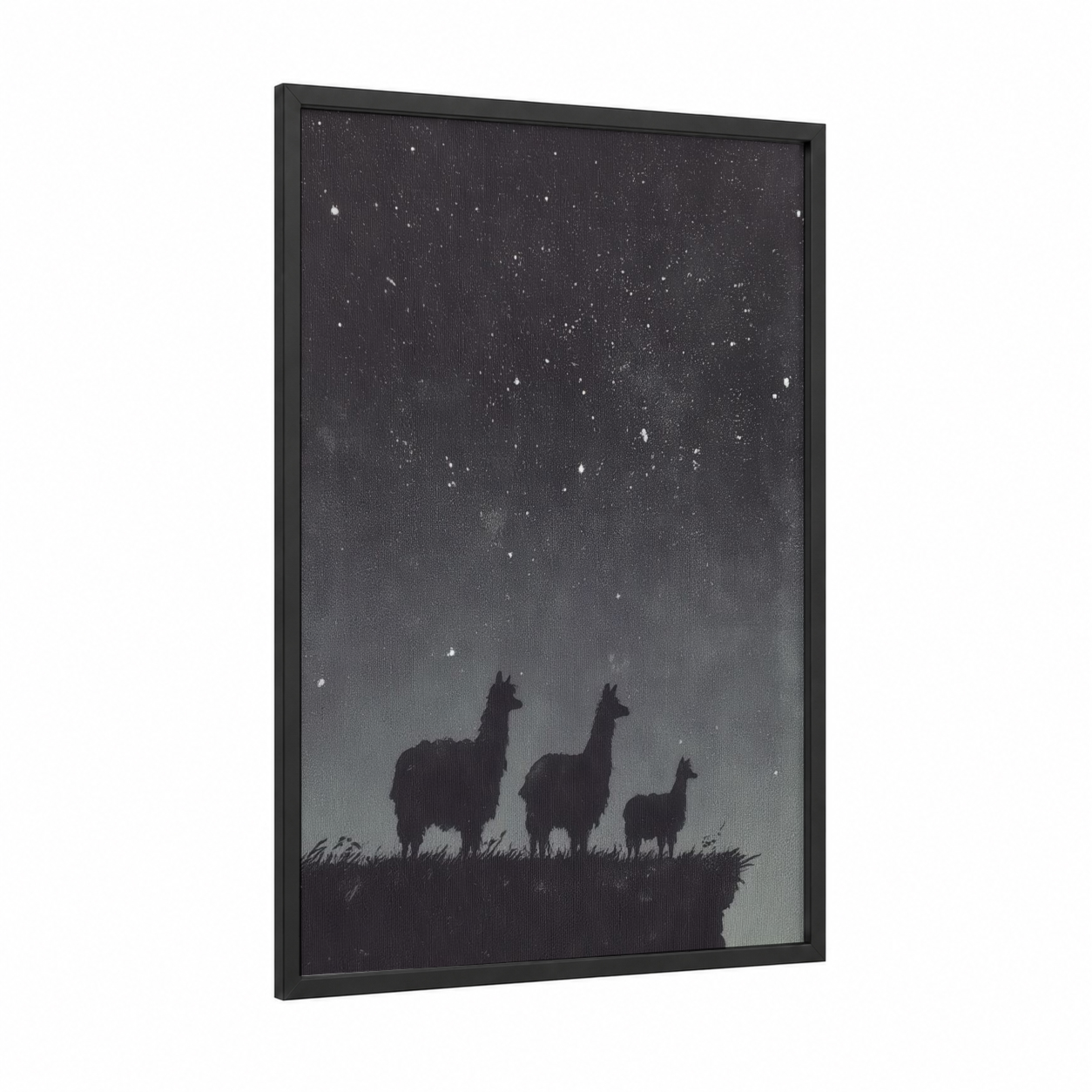Starlit Alpacas framed art print — black wood frame — black and white and gray palette