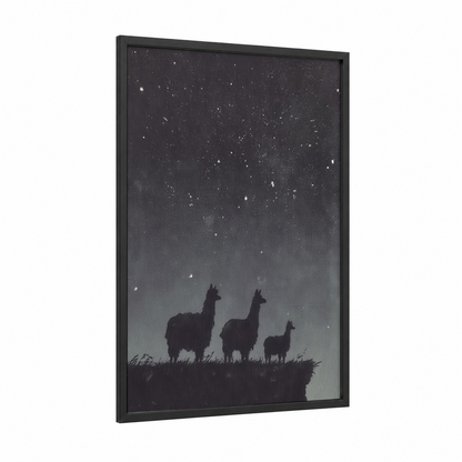 Starlit Alpacas framed art print — black wood frame — black and white and gray palette
