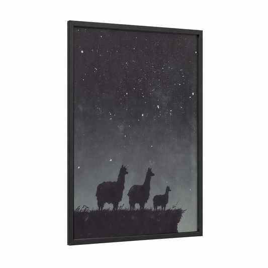 Starlit Alpacas framed art print — black wood frame — black and white and gray palette
