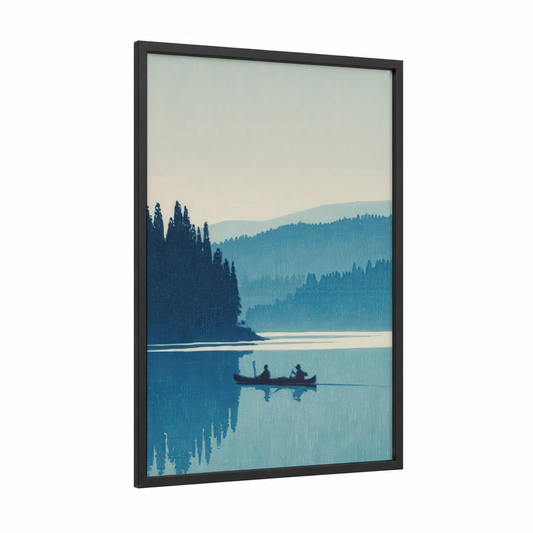 Alpine Lake Canoe framed canoeing and kayaking print — black wood frame — blue and teal palette