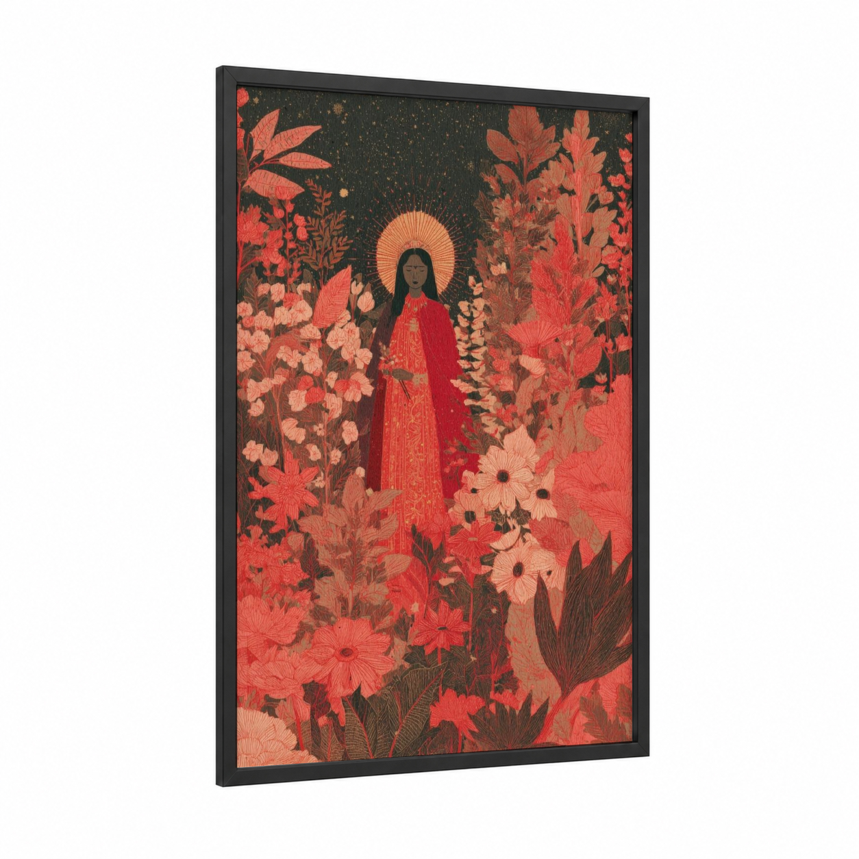 Crimson Saint framed dia de los muertos print — black wood frame — red and black and gold palette